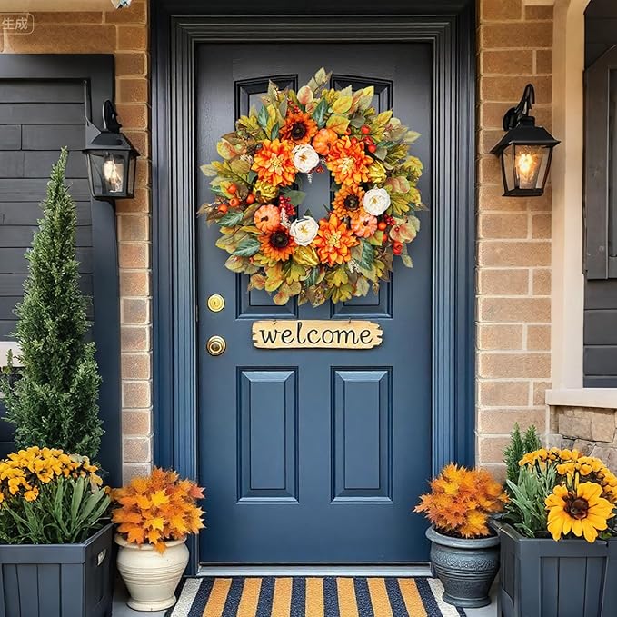 Fall Wreath for Front Door, 24 Inch Autumn Wreath with Pumpkins, Peony, Sunflowers & Dahlias, Fall Decorations for Home, Artificial Flowers Harvest and Thanksgiving Indoor & Outdoor