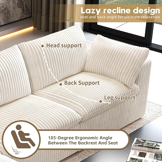 118" 3-Seater Cloud Sofa,Modular Sectional Couch,Modern Deep Seat Upholstered Couches with Plush Corduroy Fabric for Living Room Furniture,Bedroom and Apartment,No Assembly Required,White