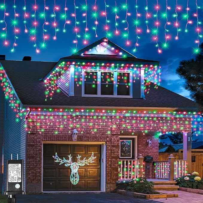Icicle Lights for Outside, 33FT 400 LED Christmas Lights Outdoor with Waterproof 8 Modes, Plug in Connectable String Twinkle Light for Indoor Roof Window Garden Fence Party Decorations, Red Green