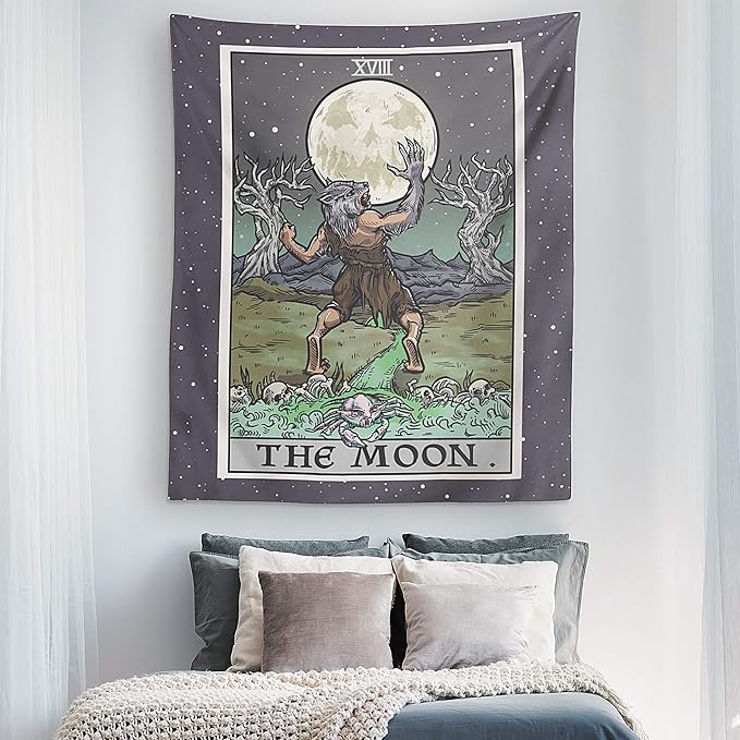 The Moon Tarot Card Tapestry - Werewolf - Gothic Halloween Home Decor Wall Hanging (80" x 68")