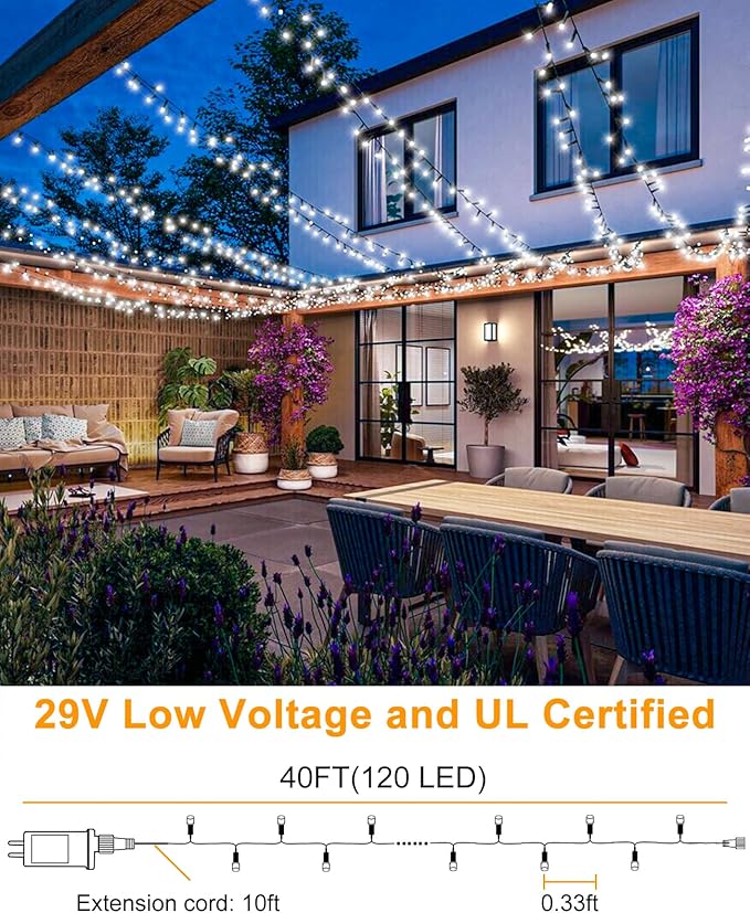 40FT 120 LED Christmas Lights Outdoor, Green Wire Christmas Tree Lights with 8 Modes & Waterproof, Connectable Plug in String Light for Indoor Bedroom Yard Party Wedding Decorations, White