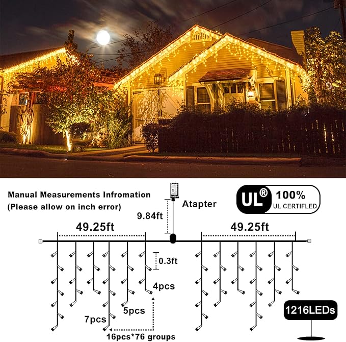 Icicle Lights for Outside 99ft 1216 LED Christmas Lights Outdoor 8 Modes with 228 Drops, Waterproof Plug in Fairy String Lights for Party, Holiday, Wedding, Christmas Decoration, Warm White