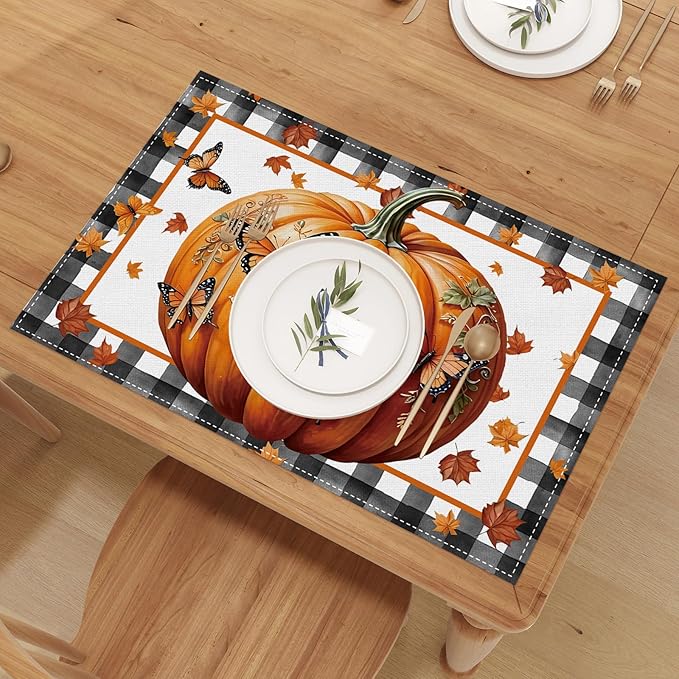 Linen Fall Placemats Set of 4 Fall Table Mats Farmhouse Pumpkin Butterfly Decor for Home Autumn Thanksgiving Home Kitchen Dining Room Table Decorations