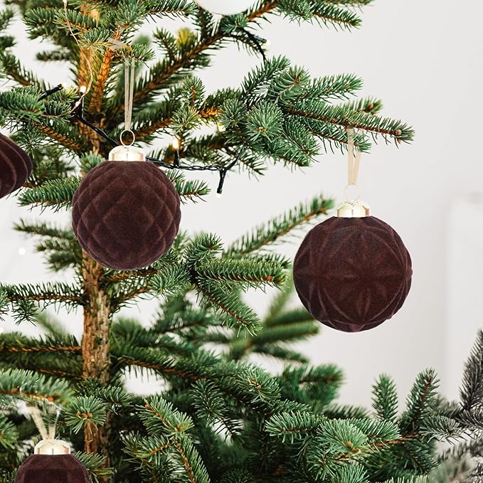46PCS Velvet Christmas Ball Ornaments Set, Flocked Shatterproof Xmas Tree Decor, Assorted Hanging Ornaments with Loop for Holiday Home Decor, Christmas Tree, Mantel, Party Decoration (Brown)