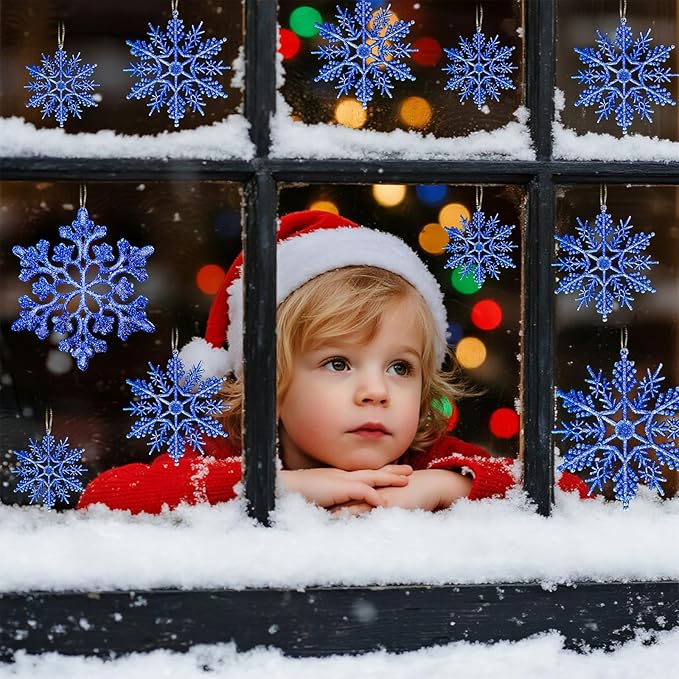 Christmas Tree Decorations Snowflake Ornaments 36Pcs Blue Silver Glitter Plastic Hanging Snowflakes from Ceiling Snow Flakes Decorating Hanging for Winter Wonderland Decorations Indoor Outdoor Decor
