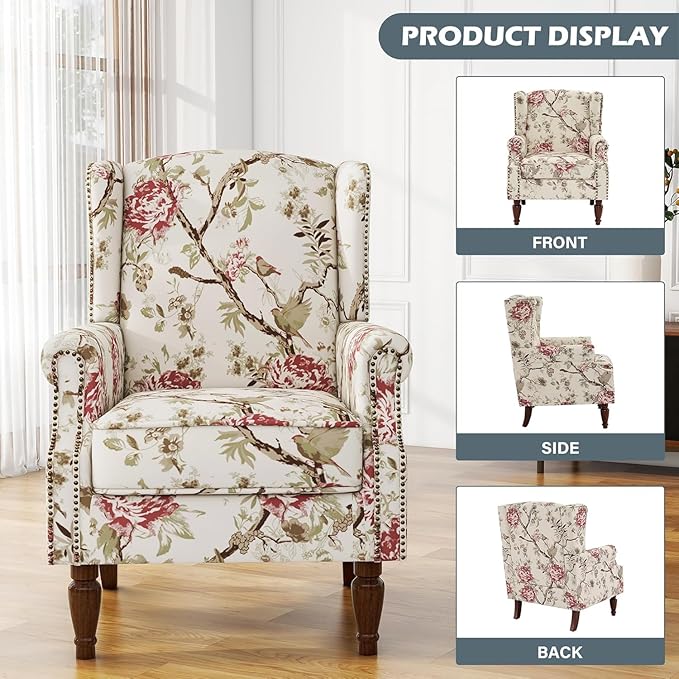 UIXE High Back Accent Chair, Wingback Upholstered Armchair in Fabric for Living Room, Retro Arm Chairs Nailhead Trim Single Sofa Bedroom Reading Seat with Solid Wood Legs - Beige Floral
