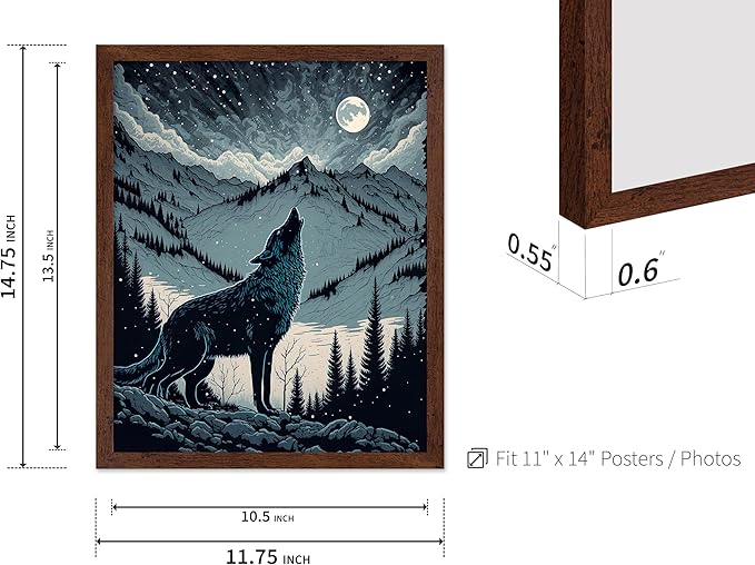 Poster Master Vintage Illustration Poster - Retro Animal Print - Gift for Artist, Friend - Wolf Howling at the Moon, Mountain, Snow, Landscape - Wall Decor for Home, Office, 11x14 Brown Framed