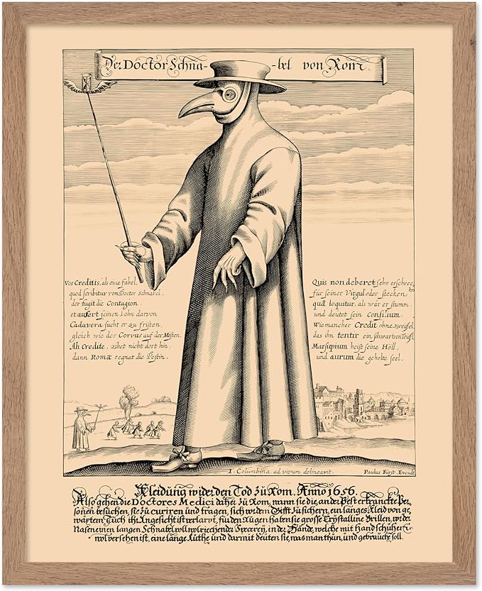 Poster Master Vintage Medieval Poster - Retro Illustration Print - Gift for Friend - Plague Doctor, Pandemic Mask, Physician, Black Death - Wall Decor for Home, Living Room, 11x14 Beige Framed