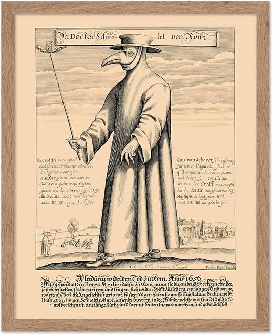 Poster Master Vintage Medieval Poster - Retro Illustration Print - Gift for Friend - Plague Doctor, Pandemic Mask, Physician, Black Death - Wall Decor for Home, Living Room, 11x14 Beige Framed