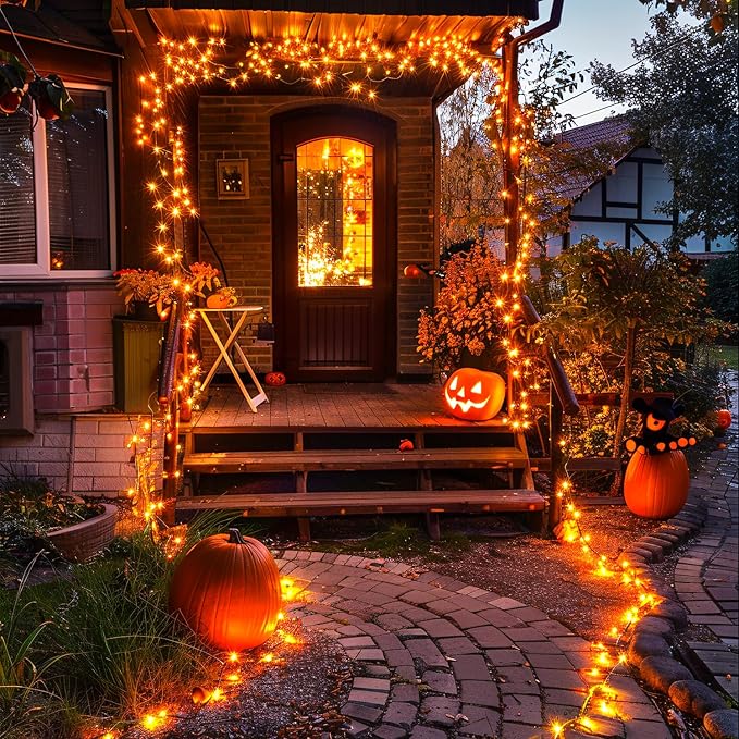 JMEXSUSS 2 Pack Orange Halloween Lights: 100 LED 33ft Solar Halloween Lights Outdoor Waterproof - 8 Modes Orange Solar Light for Christmas Outside Tree Gardens Fall Festival