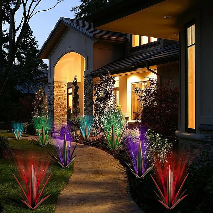 Large Tequila Rustic Sculpture, Rustic Metal Agave Plants for Outdoor, Metal Agave Garden Yard Statue, Outdoor Lawn Ornaments Yard Stakes (Rusty - L (W/Solar Light))