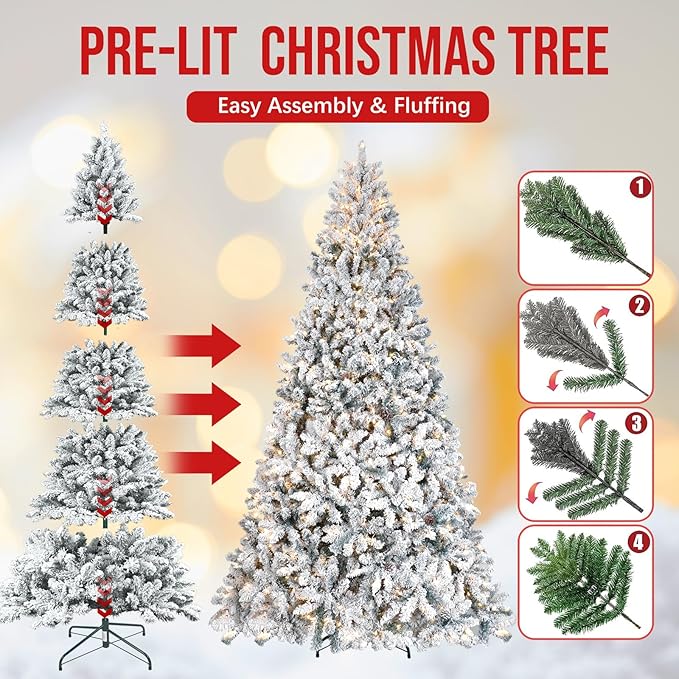 7ft Prelit Flocked Christmas Tree, Frosted Artificial Christmas Tree with 500UL Lights, Pine Cones & 1124 Tips, Auto Hinged Easy Setup Full Prelighted Fake Christmas Tree
