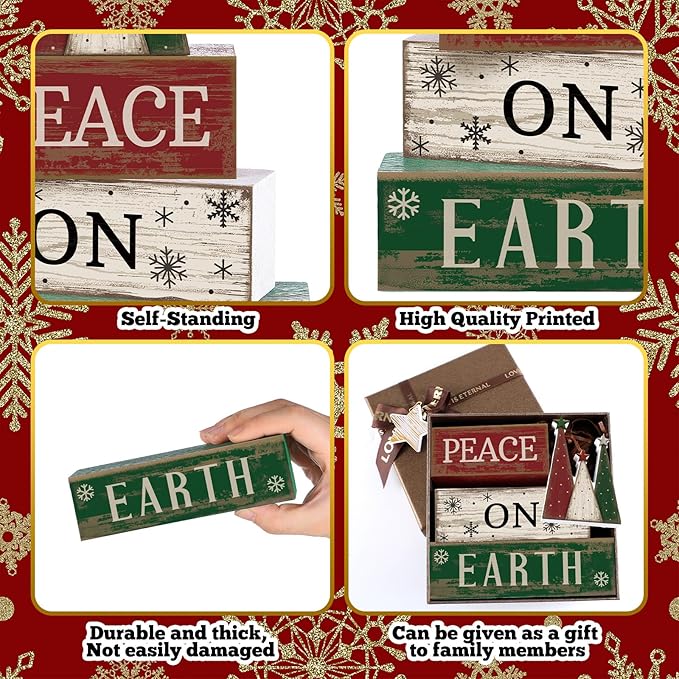 4 Pcs Christmas Table Decoration Wooden Christmas Tree Sign Winter Tiered Tray Decor Decorative Red Green and White Tree Block Signs Xmas Table Centerpiece Farmhouse Decor for Home Kitchen