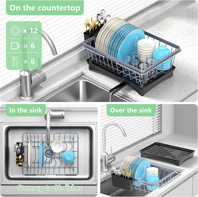LEMIKKLE Expandable Dish Drying Rack- Space-Saving Dish Rack, Dish Drainers for Kitchen Counter with a Cutlery Holder, Over The Sink Dish Racks Fit for 14’’-19’’ Kitchen Sink Grey