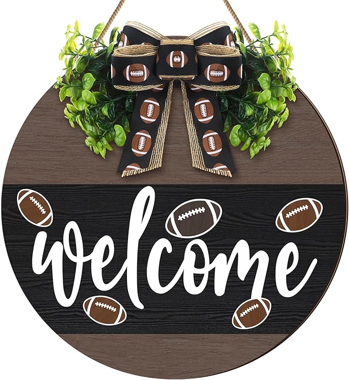 Hello Fall Football Sign for Front Door Thanksgiving Wooden Hanging Sign Fall Welcome Wreaths with Bow Turkey Farmhouse Wall Decoration for Home Autumn Harvest Front Porch Decor(Football)