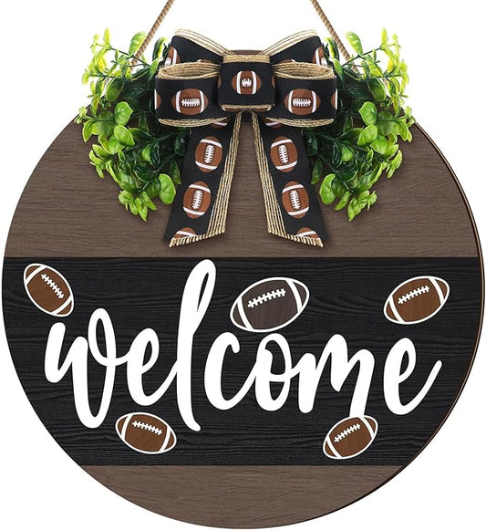Hello Fall Football Sign for Front Door Thanksgiving Wooden Hanging Sign Fall Welcome Wreaths with Bow Turkey Farmhouse Wall Decoration for Home Autumn Harvest Front Porch Decor(Football)