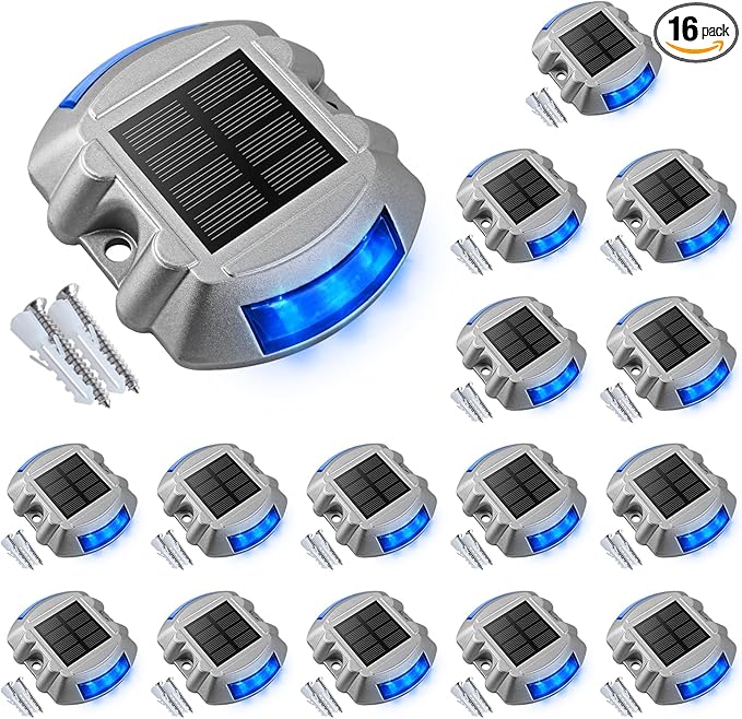 VOLISUN Solar Deck/Dock Lights, 16-Pack Led IP67 Waterproof Outdoor Warning Step Lights for Driveway Sidewalk Garden Pathway Yard (Blue)