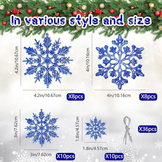 Christmas Tree Decorations Snowflake Ornaments 36Pcs Blue Silver Glitter Plastic Hanging Snowflakes from Ceiling Snow Flakes Decorating Hanging for Winter Wonderland Decorations Indoor Outdoor Decor