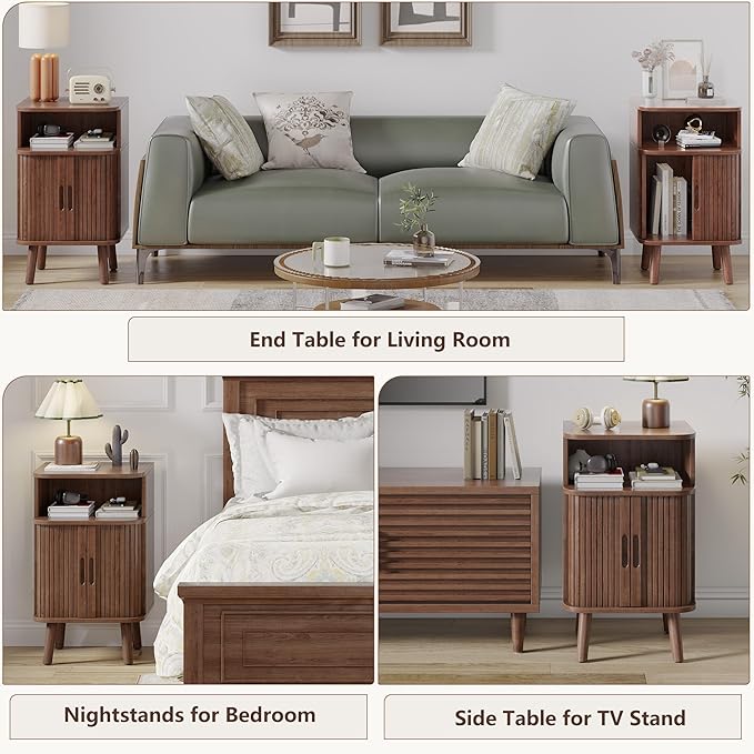 Alohappy Mid Century Modern End Table with Sliding Tambour Door, Fluted Wood Nightstand, Curved Round Edge Side Table with Storage Cabinet for Bedroom, Living Room, Walnut