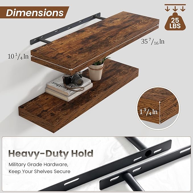 Heimlove 36 Inch Floating Shelves for Wall Set of 2,Rustic Brown Wall Shelves for Storage & Decor - Heavy Duty with Invisible Brackets,Perfect for Living Room,Bedroom,Home Office