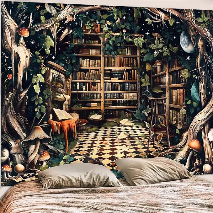 Accnicc Fantasy Forest Bookshelf Tapestry Witchy Fairy Tree Mushroom Retro Backdrop Tapestries Wall Hanging Vintage Library Book Tapestry for Bedroom Living Room Dorm 80 x 60 inch
