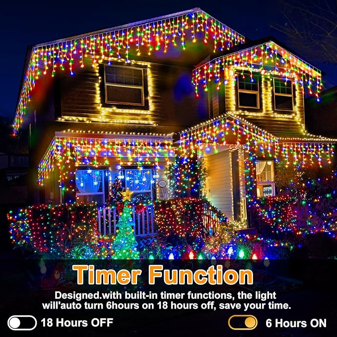 Christmas Lights Outdoor, 2 Pack Total 98FT 960 LED Ice Lights for Outside with 180 Drops 8 Modes Timer Memory, Plug in Waterproof for Holiday Eaves Yard Roof Party Christmas Decor (Multicolor)