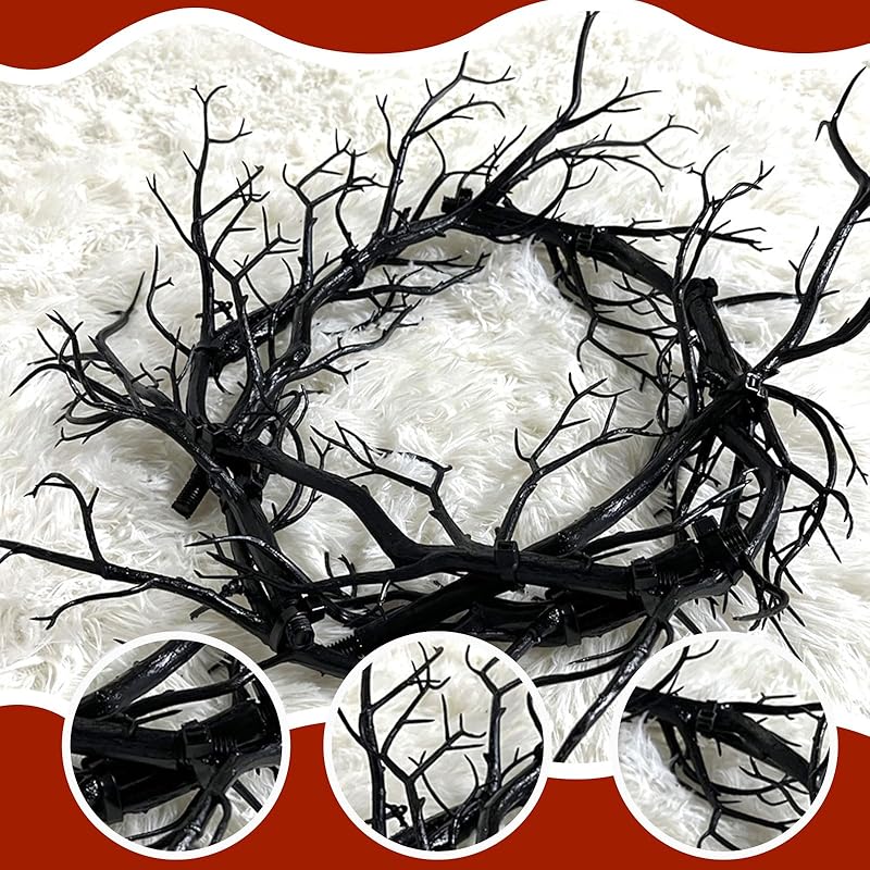Halloween Black Branch Wreath Signs for Front Door with Red Lights,Handcrafted Halloween Horror Wreath for Indoor Outdoor Party Window Wall Decor Farmhouse Garland Yard