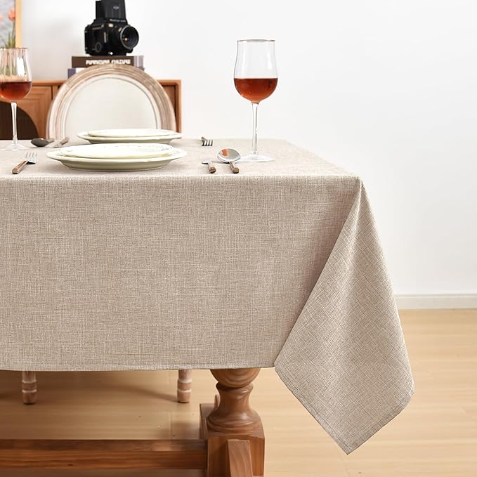 Fitable Faux Linen Beige Table Clothes Rectangle 60 x 120 Inch - 2 Pack Neutral Tablecloths for Standard 8-Seater Rectangular Dining Table(5 ft ?2.5 ft) for Dining, Party, Farmhouse, Banquet, Buffet