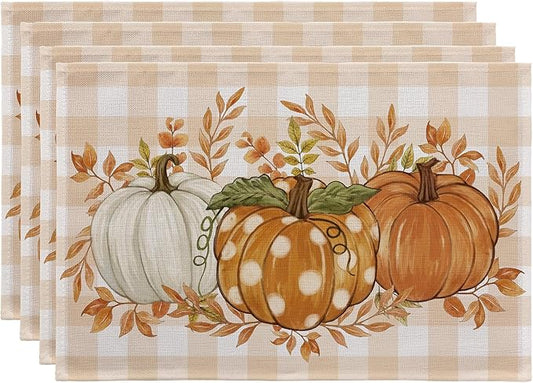 Romanstile Fall Placemats Set of 8-12 X 18 Inch - Thanksgiving Autumn Harvest Pumpkin Buffalo Plaid Place Mats, Stain Resistant Wipeable Table Mats for Party/Dining/Holiday- Orange Checkered