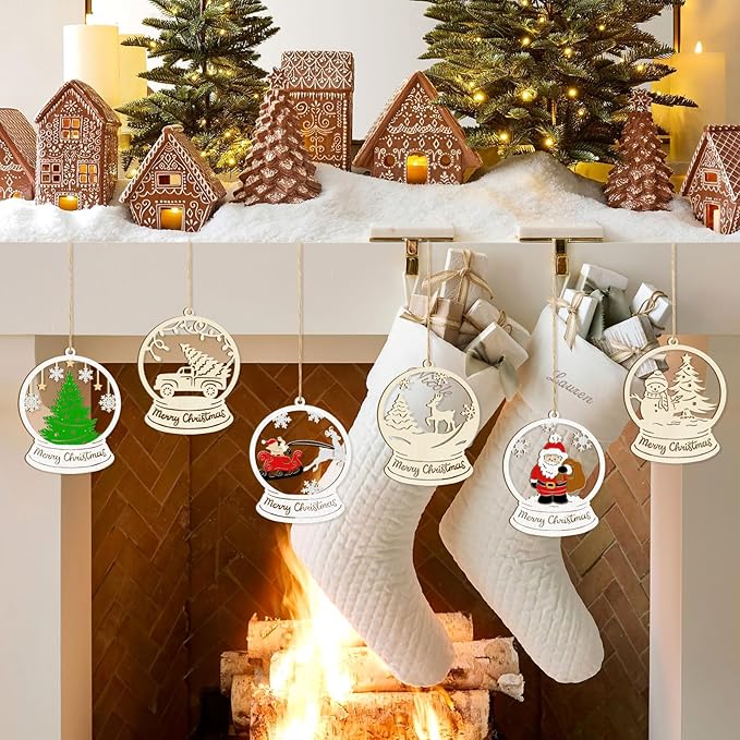 36PCS Wooden Hollow Christmas Ornaments for Paint Christmas Tree Decorations 6 Styles, DIY Blank Unfinished Wood Reindeer Santa Claus Snowman Snowflake Angle Cutouts for Crafts Winter Hanging Decora