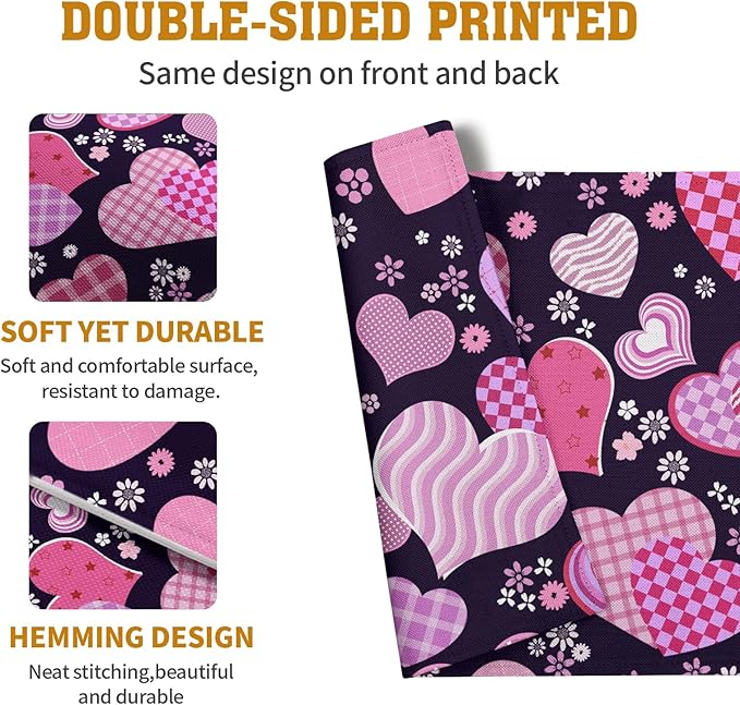 Pink Love Hearts Valentine's Day Placemats Set of 4 Seasonal Valentines Anniversary Wedding Linen Table Mats Pink Black Washable Place Mats for Party Kitchen Dining Outdoor Indoor Decor 12x18 Inch
