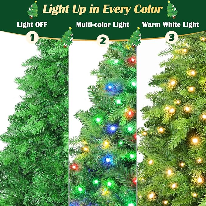 7.5FT Pre-Lit Christmas Tree with Remote Control, Multi-Color LED Lights, Musical Rotating Christmas Tree Stand, Easy Assembly in 3 Sections, Foldable Metal Stand for Home Holiday Decor