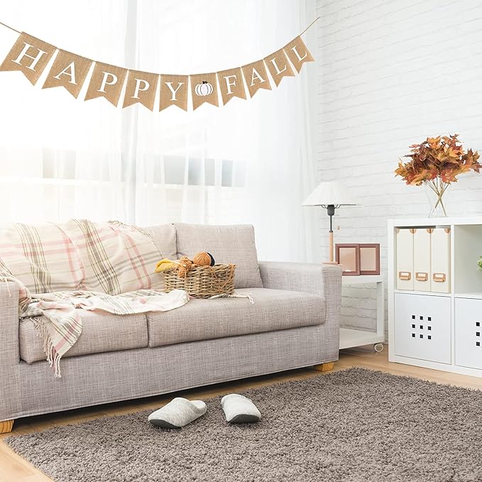Happy Fall Burlap Banner White Jute Burlap Pumpkin Garland Harvest Mantel Fireplace Wall Hanging for Home Office School Party Decor Thanksgiving Decoration