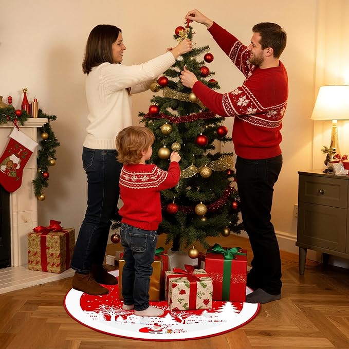 Christmas Tree Skirt 48 Inches Red Xmas Soft Cover Mat Decor Retro Xmas Tree Skirt for New Year Holiday Ornaments Indoor Outdoor Decorations (Merry Chrismas)