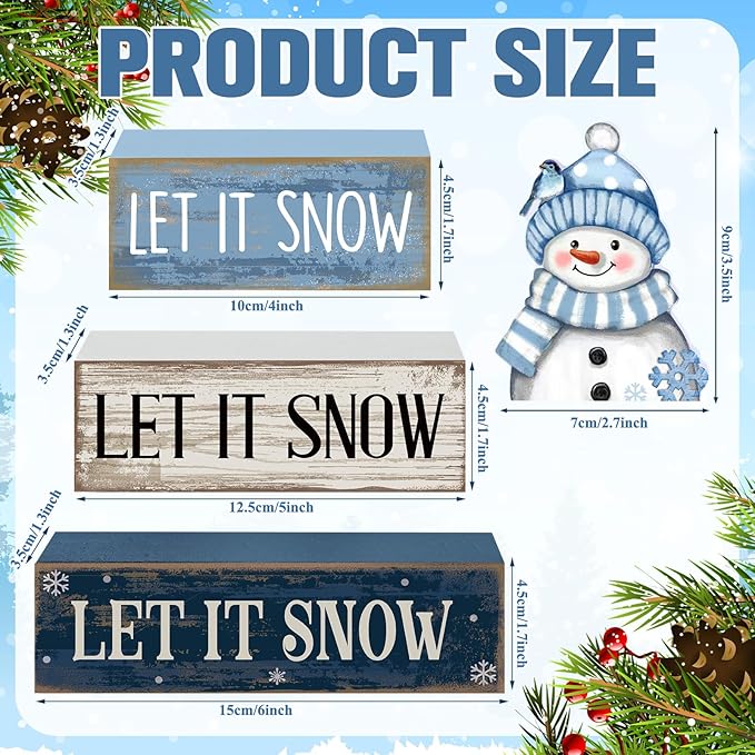 4 Pcs Christmas Wooden Tabletop Decor Snowman Blue Tiered Tray Decor Christmas Plaid Block Signs Centerpiece Farmhouse Winter Let It Snow Table Decoration for Home Kitchen Shelf