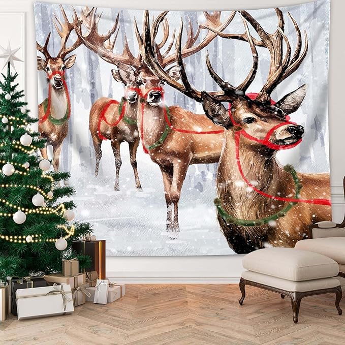 QGHOT Winter Tapestry Wall Hanging Winter Forest Backdrop Christmas Snowy Deer Wall Decor Snow Elk Tapestries for Bedroom Living Room Dorm Party Decoration, Small