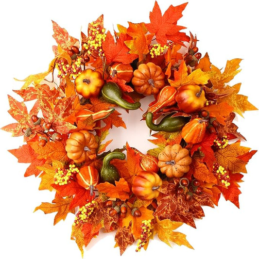24 Inch Fall Wreaths for Front Door, Fall Decorations for Home,Fall Wreath,Autumn Wreath with Pumpkins Berries Maple Leaves for Thanksgiving Halloween Decorations Indoor Outdoor Outside Fall Decor