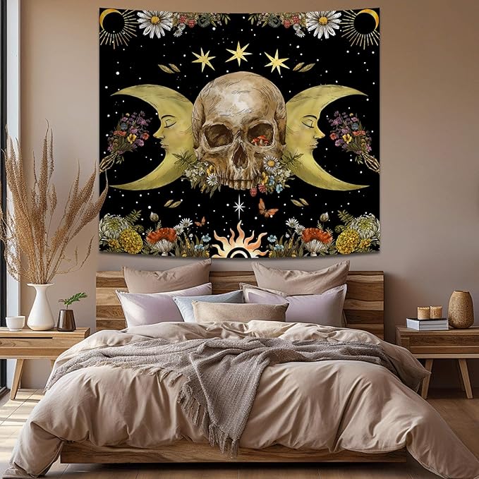 Atrippy Halloween Vintage Gothic Tapestry for Bedroom, Goth Skull Floral Wall Decor Tapestry, Sun and Moon Skeleton Flower Tapestries Aesthetic, Dark Room Decor Wall Hanging for Living Room Dorm 51x60 Inches