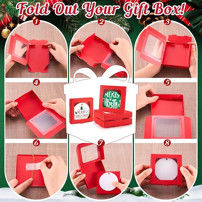 50 Pcs Sublimation Ornament Blanks Box 3.6"x3.6"x0.7" Christmas Ornaments Holder Ceramic Discs Packaging Box with Window for Personalized Xmas Tree Blanks Bulk (Red)