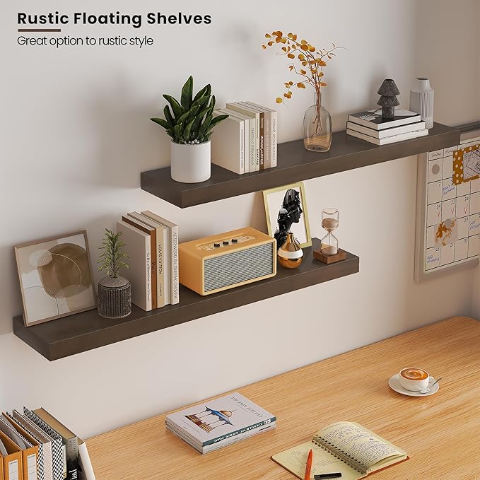 Wood Floating Shelves for Wall 36” x 8”x 1.4” Shelf Floating Rustic Farmhouse Decor, Heavy Duty Shelf Hold 80 lbs, Wall Shelves for Bathroom Living Room Kitchen Bedroom Office, 2 Packs Walnut