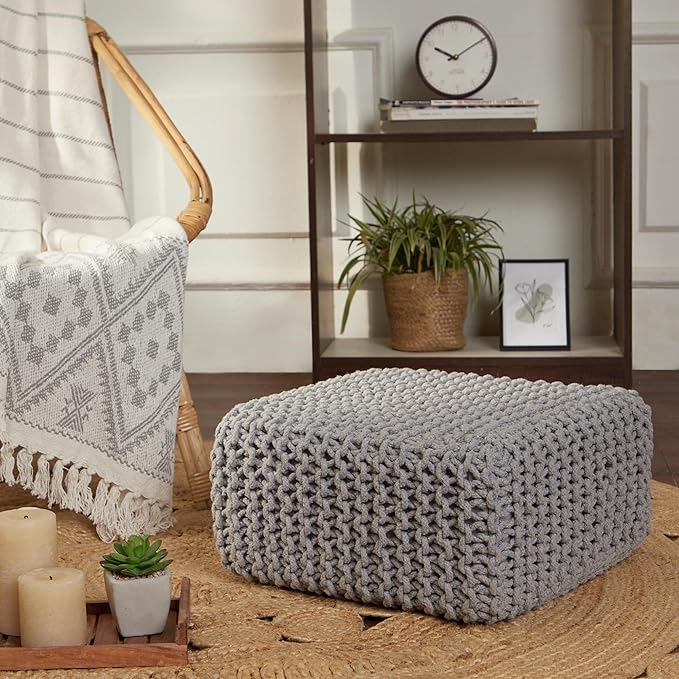 REDEARTH · Cube Low Pouf Foot Stool Ottoman - Hand Knitted Poof - Cord Boho Pouffe - Home Décor - Stuffed Footrest for Living Room - Nursery - Bedroom - Patio (16" x 16" x 8") - Light Gray