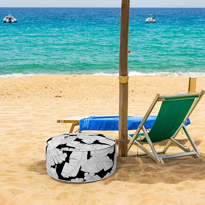 Inflatable Ottoman Stool D21 xH9 for Outdoor/Indoor Use, Water Repellent Patio Foot Rest Stool with Portable Handle,Round Pouf Ottoman Suitable for Garden,Deck and Camping - Black Leaves