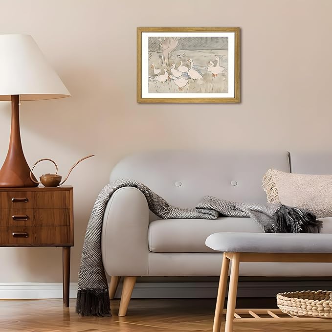 Vintage Framed Goose Wall Art Watercolor Print, Rustic Farm Duck Decor Canvas Painting, Minimalist Pastoral Poster Picture, Country Cottage Wall Decor for Living Room Kitchen Bathroom Bedroom 16x24 in