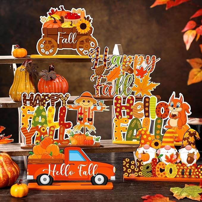 6 Pcs Fall Decorations for Home Fall Table Centerpiece Hello Autumn Wooden Table Sign Pumpkin Gnome Truck Gnome Wood Tabletop Decor Autumn Harvest Party Decorations for Home, 6 Styles