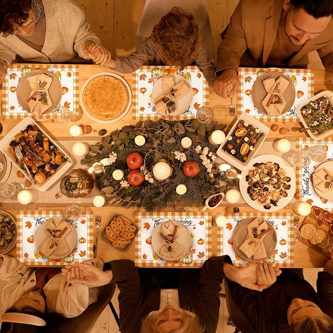 Paper Placemats Disposable 50 Pack Autumn Gnome Pumpkin Placemats 16x 11 Inch Thanksgiving Day Farmhouse Orange Buffalo Plaids Table Mats for Home Party Kitchen Dining Table Decoration