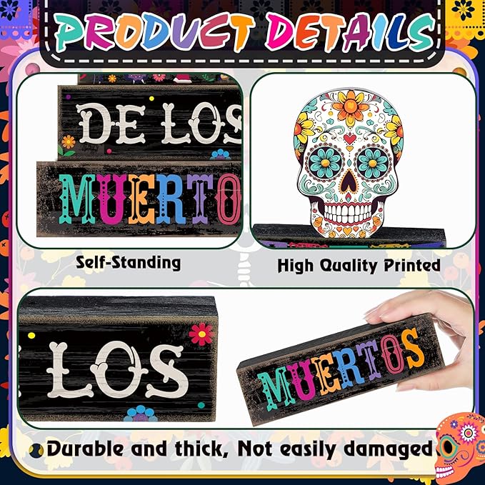4 Pcs Day of The Dead Table Decorations Day of The Dead Centerpiece for Table Dia De Los Muertos Tiered Tray Decor Wood Sugar Skull Block Signs for Halloween Party Home Shelf Decoration