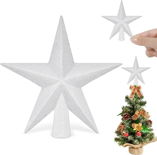 Christmas Tree Topper, 1PCS 4" White Glitter Star Tree Topper, 3D Xmas Shatter-Proof Mini Bethlehem Star Tree Topper Decorations, Waterproof Christmas Decor for Holiday Home Outdoor Ornament
