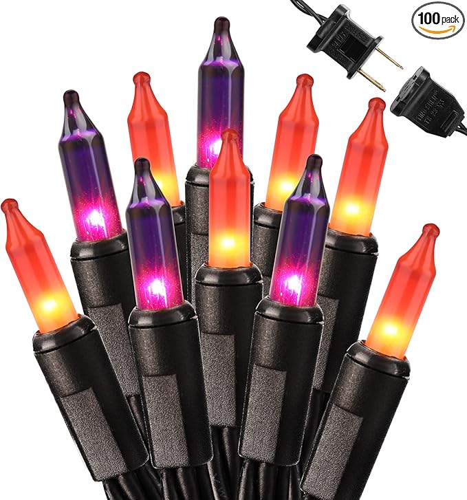 Brizled Orange & Purple Halloween Lights, 100 Count Connectable, UL Certified Incandescent String Lights, Black Wire Mini Lights Set for Indoor/Outdoor Halloween Party Decor