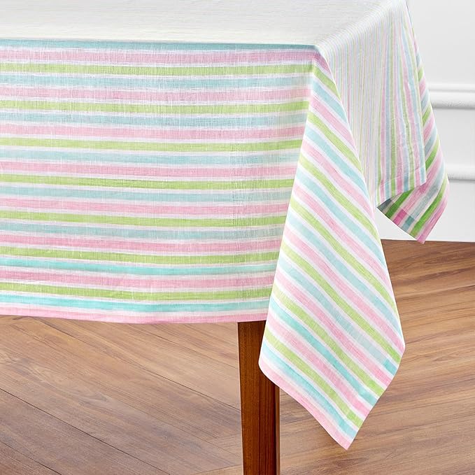 Solino Home Linen Tablecloth 60 x 90 Inch - 100% Pure Linen Multicolor Palm Beach Stripe Table Cloth for Rectangle Tables - Machine Washable Tablecloth