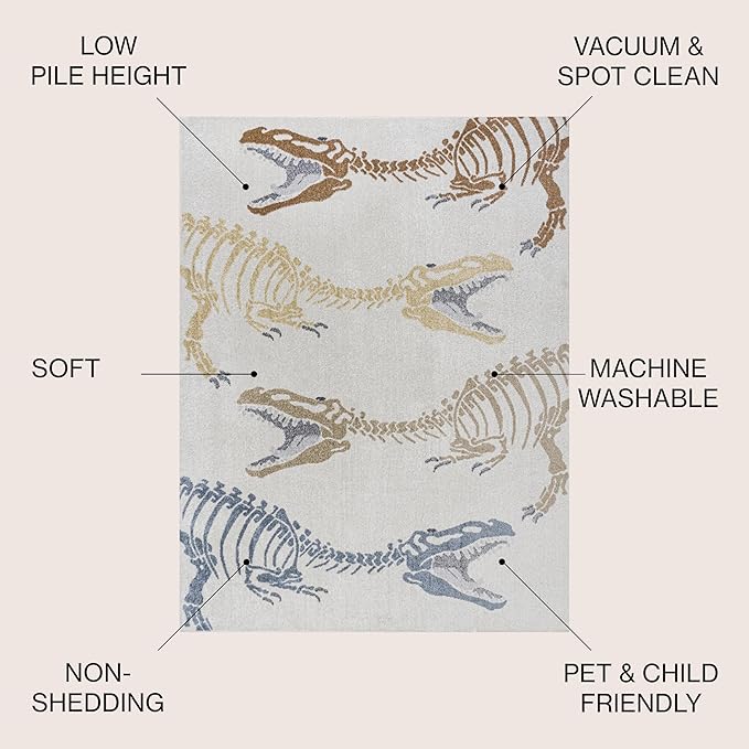 JONATHAN Y Machine-Washable Cream/Multi Indoor Area Rug, 8x10, Kingdarr T-Rex Modern, Casual, Kids & Novelty for Living Room, Dining Room, Bedroom, Kitchen Easy-Cleaning, Non-Shedding (KDW103A-8)